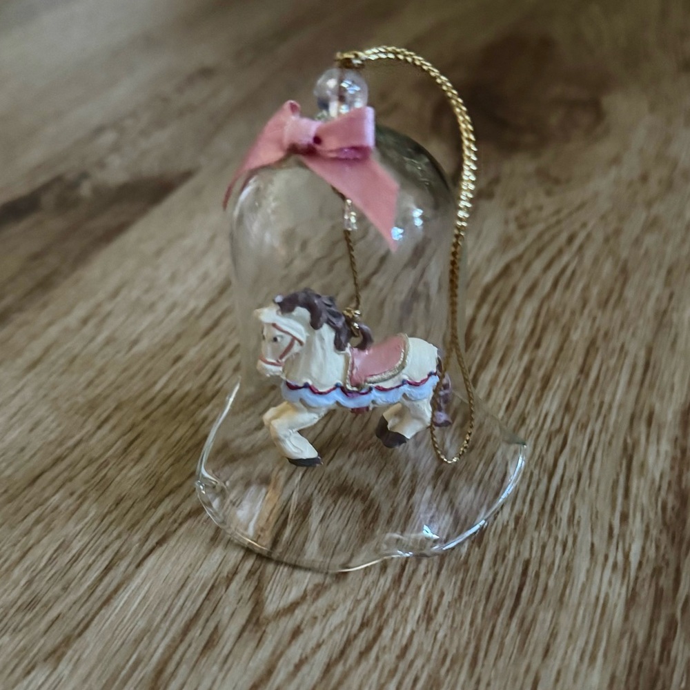 Hand Painted Glass Bell with Porcelain Carousel Horse Ornament, Clear Pink Blue